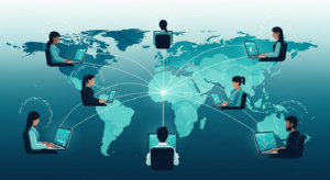 Remote team members in different time zones connected by light lines on a world map