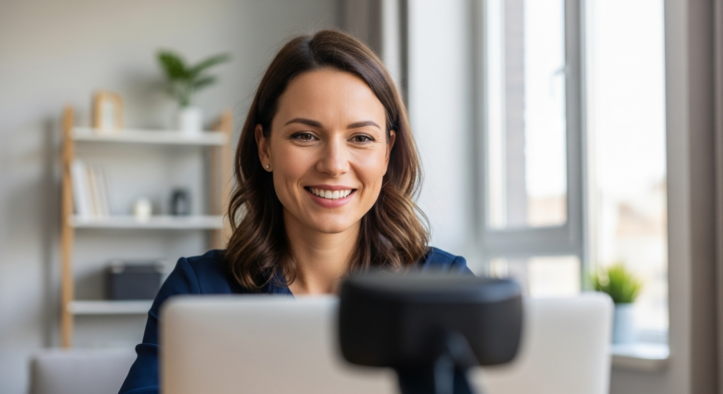 Candidate recording async video interview from home in relaxed professional setting