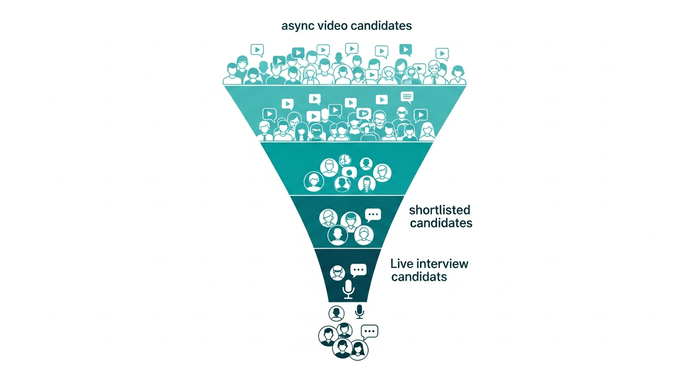 Hiring funnel diagram showing async video interviews at wide screening stage narrowing to live interviews at final rounds