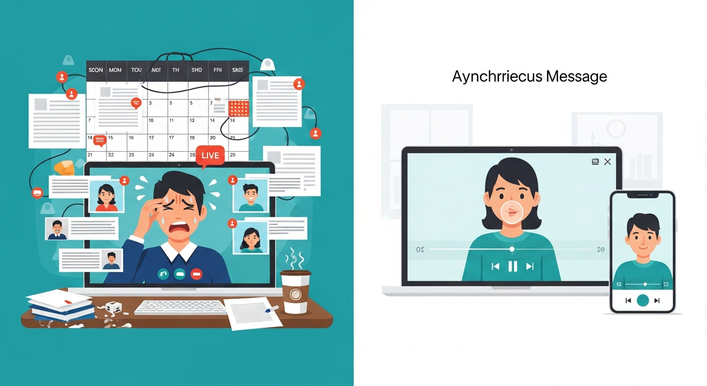 Split screen comparing scheduling chaos of live video interview versus clean async video interview interface