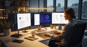 Recruiter reviewing candidate responses on multiple screens