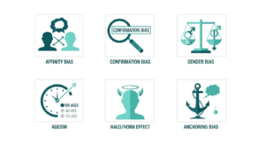 Six types of hiring bias illustrated in an infographic grid