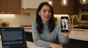 Customer recording feedback video on phone with transcription visible