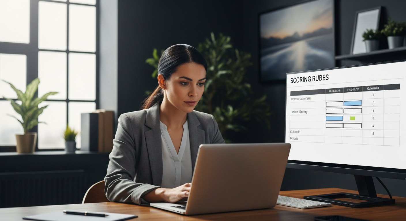 HR professional reviewing candidate video interview responses on laptop with scoring rubric on screen