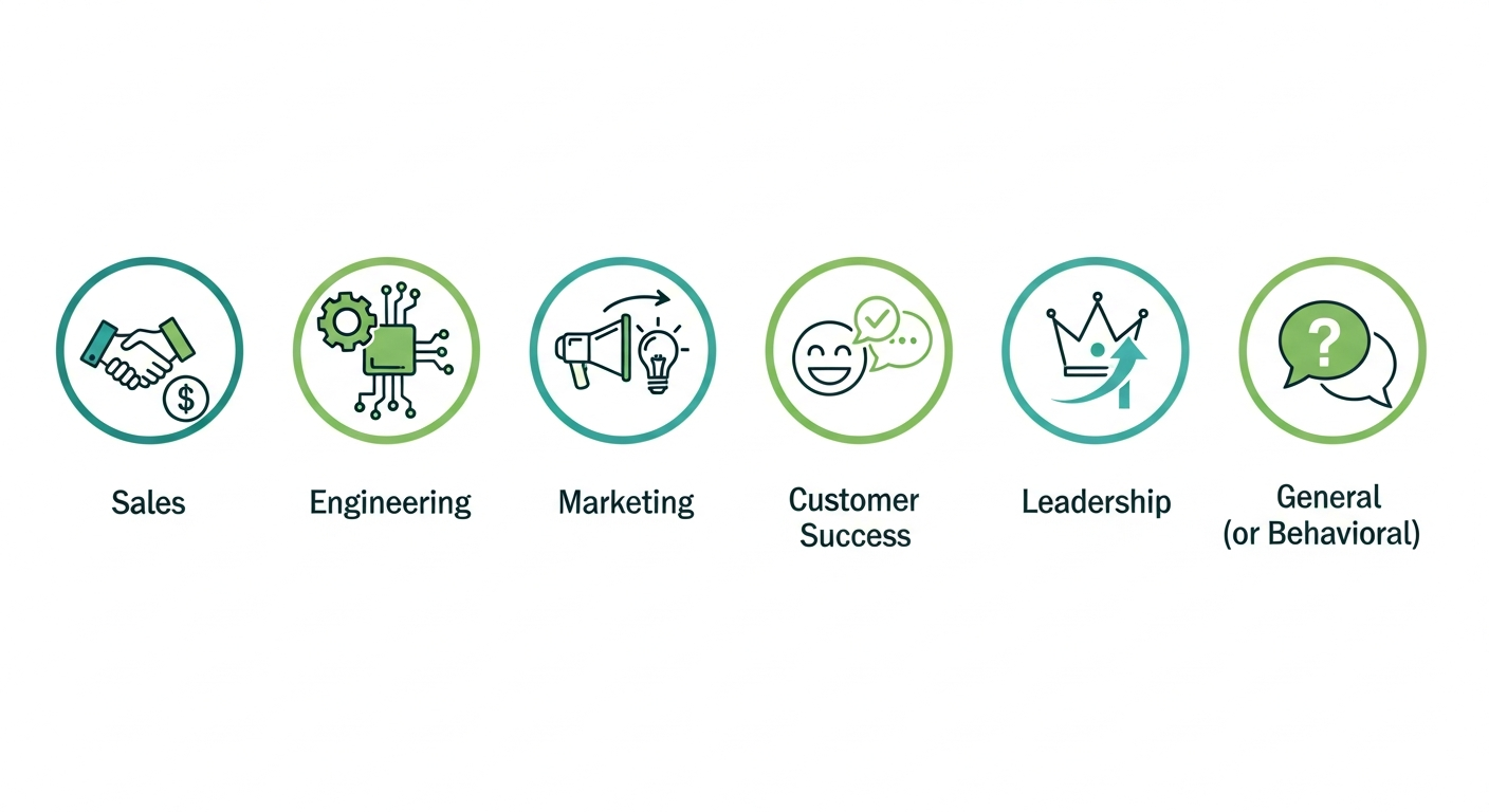 Infographic showing video interview question categories for different roles including sales, engineering, marketing and customer success
