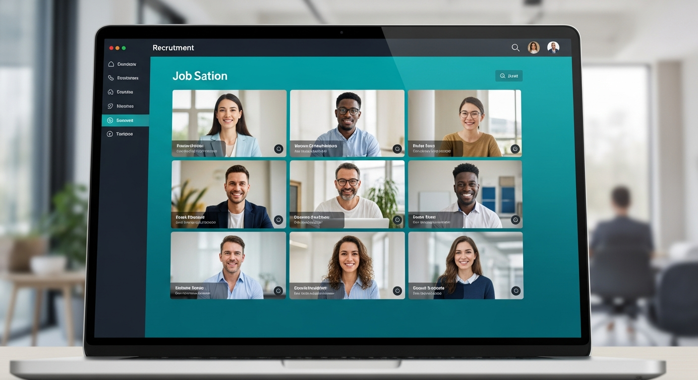 Diverse job candidates appearing on video screens in grid layout during one-way video interview process