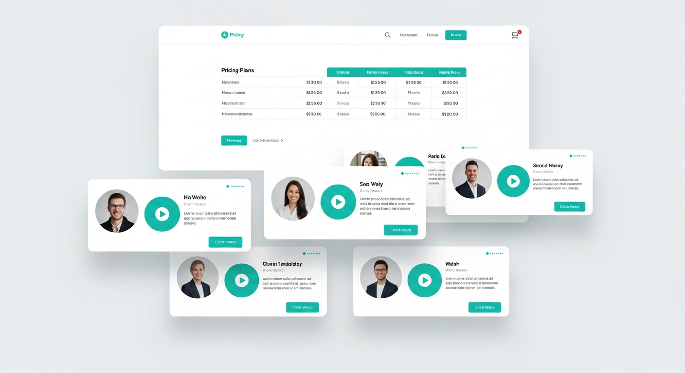 Modern website pricing page with video testimonial widget showing floating cards with play buttons